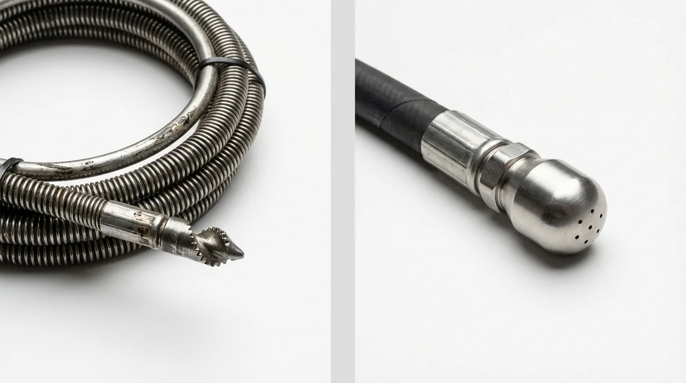 Drain snake cable and hydro jetting nozzle used for drain cleaning in Hudson, NH