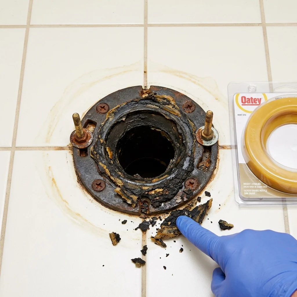 Failed wax ring showing water seepage at the base of a toilet in a Hudson, NH home