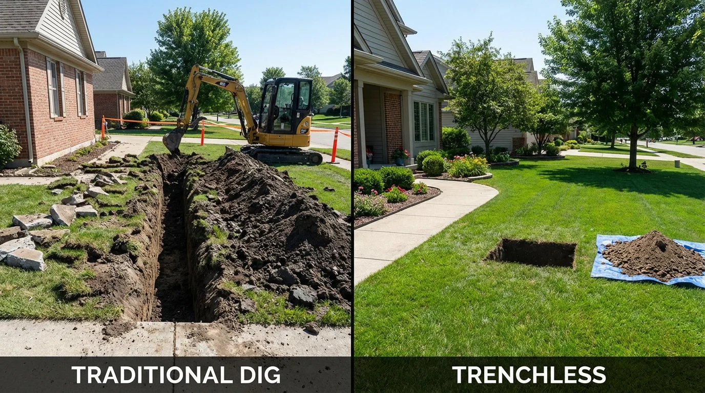 Trenchless sewer repair with minimal yard damage versus traditional excavation in Hudson, NH