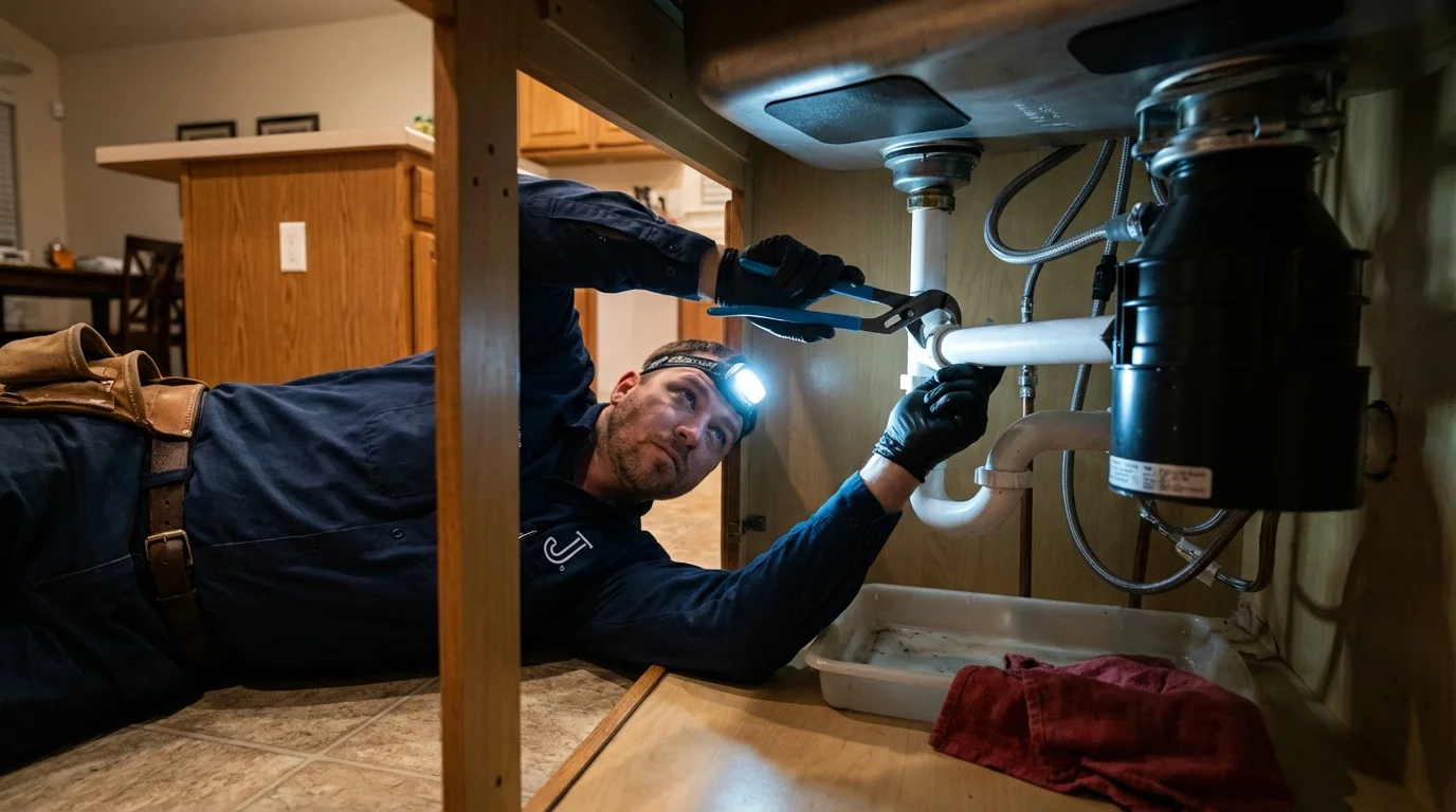 P-trap and supply line connections under a kitchen sink showing a common leak point in Hudson, NH